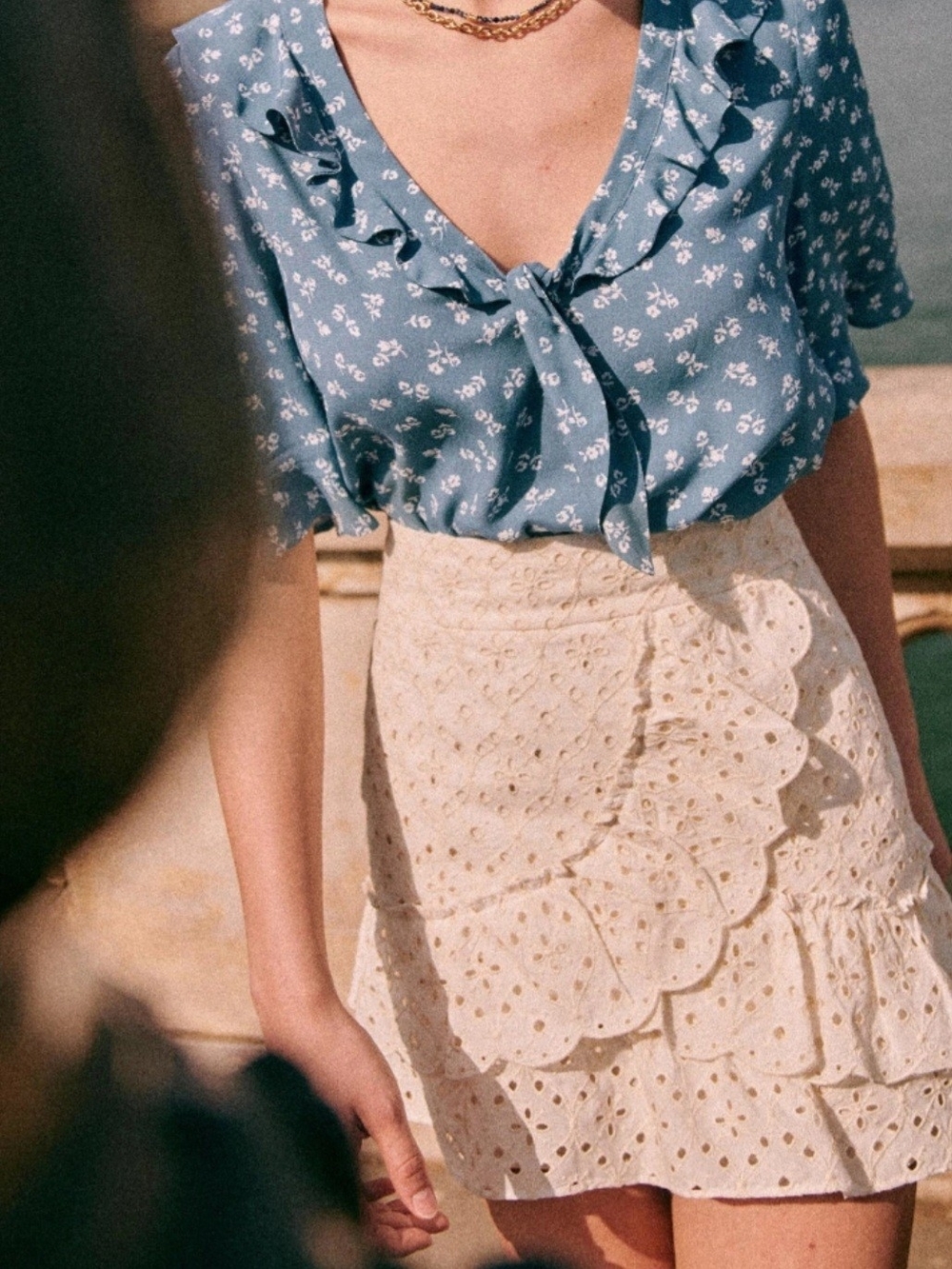 Sezane Corina Eyelet Ruffle Mini Skirt in Ecru, Size 38/6 NWT